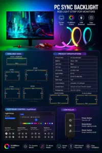 PC SYNC Backlight RGB Monitor Backlight with USB Controller – Available in 600×350mm, 500×300mm & 450×250mm | LightVerse BD